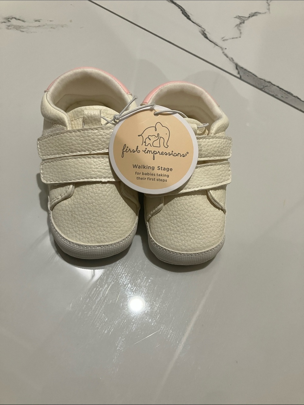 First Impressions Cream Baby Walker Shoes with Pink Accent